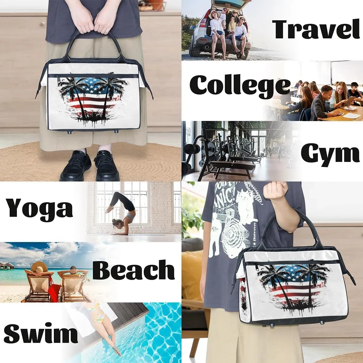 Travel Duffel Bag for Women, American Palm Tree Weekender Overnight Bag Carry on Beach Swim Bags Dance Bag Airlines Approved Personal Item Travel Bag for Yoga, Sports, Hospital