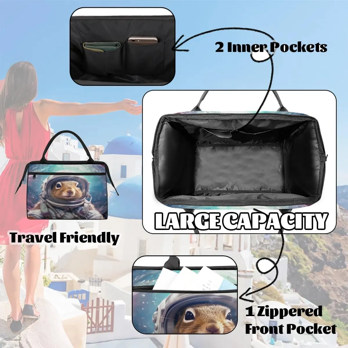 Travel Duffel Bag for Women, Astronaut Squirrel Weekender Overnight Bag Carry on Beach Swim Bags Dance Bag Airlines Approved Personal Item Travel Bag for Yoga, Sports, Hospital