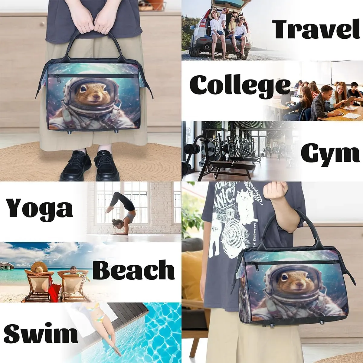 Travel Duffel Bag for Women, Astronaut Squirrel Weekender Overnight Bag Carry on Beach Swim Bags Dance Bag Airlines Approved Personal Item Travel Bag for Yoga, Sports, Hospital