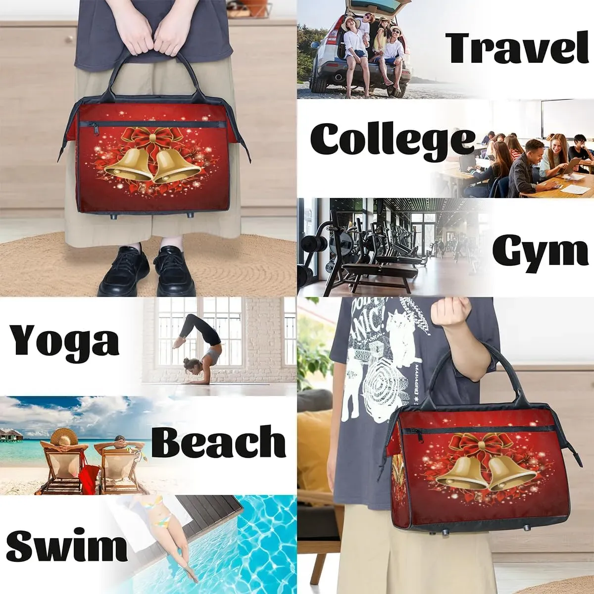 Travel Duffel Bag for Women, Christmas Bell Weekender Overnight Bag Carry on Beach Swim Bags Dance Bag Airlines Approved Personal Item Travel Bag for Yoga, Sports, Hospital