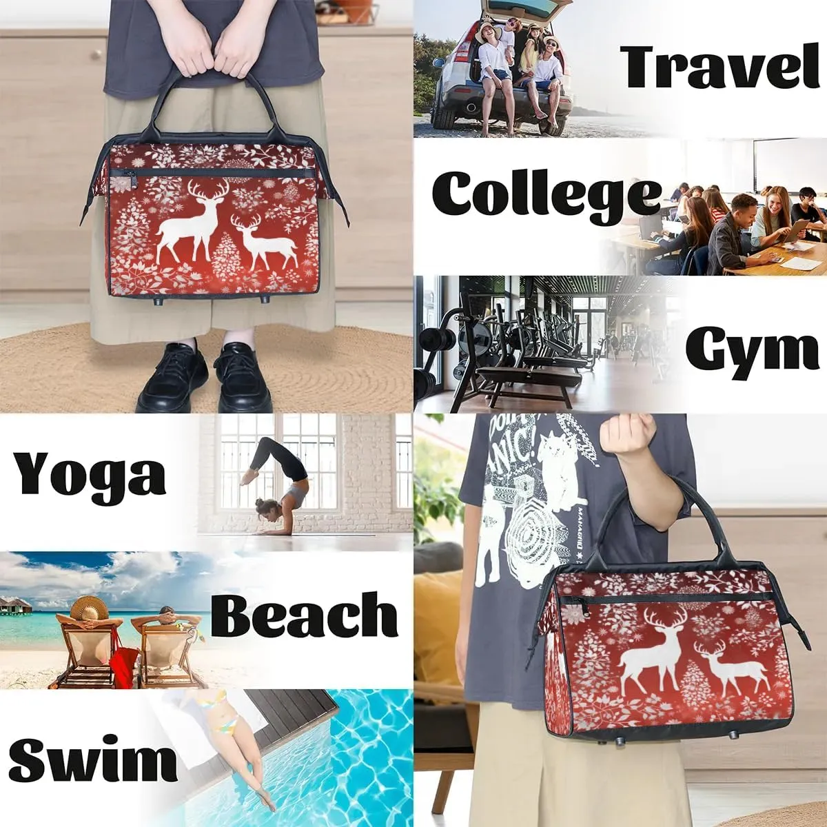 Travel Duffel Bag for Women, Christmas Deer Weekender Overnight Bag Carry on Beach Swim Bags Dance Bag Airlines Approved Personal Item Travel Bag for Yoga, Sports, Hospital