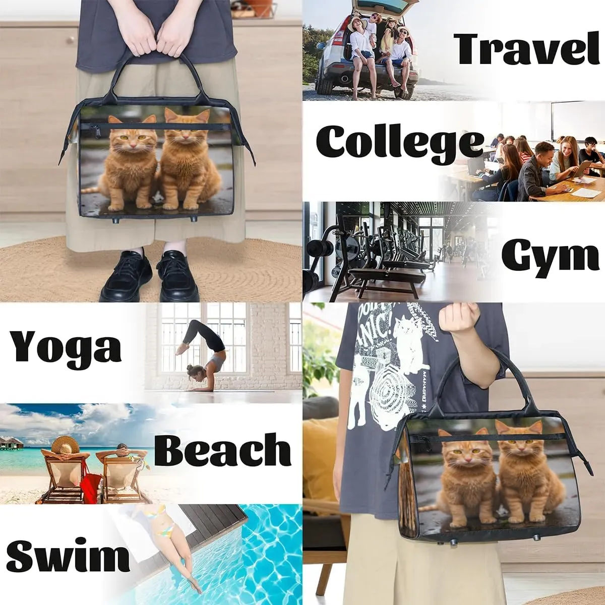 Travel Duffel Bag for Women, Cute Animal Cat Weekender Overnight Bag Carry on Beach Swim Bags Dance Bag Airlines Approved Personal Item Travel Bag for Yoga, Sports, Hospital