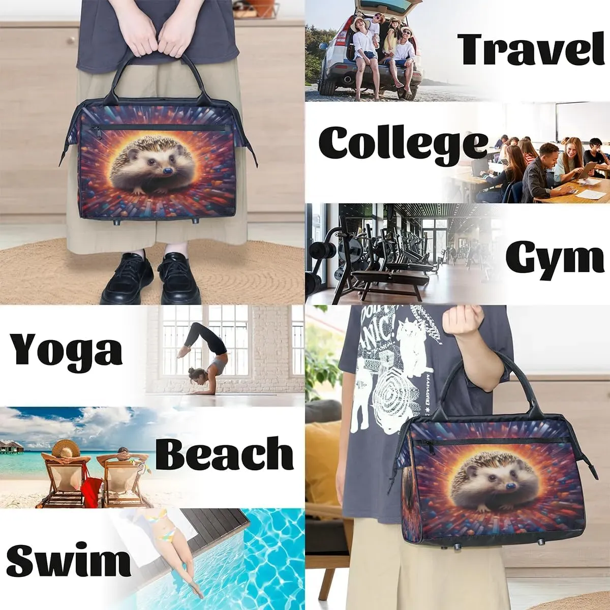Travel Duffel Bag for Women, Cute Animal Hedgehog Weekender Overnight Bag Carry on Beach Swim Bags Dance Bag Airlines Approved Personal Item Travel Bag for Yoga, Sports, Hospital