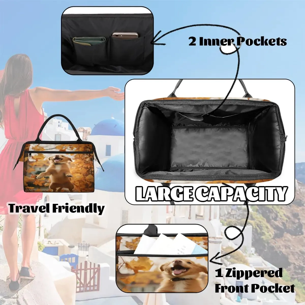Travel Duffel Bag for Women, Cute Autumn Dog Weekender Overnight Bag Carry on Beach Swim Bags Dance Bag Airlines Approved Personal Item Travel Bag for Yoga, Sports, Hospital