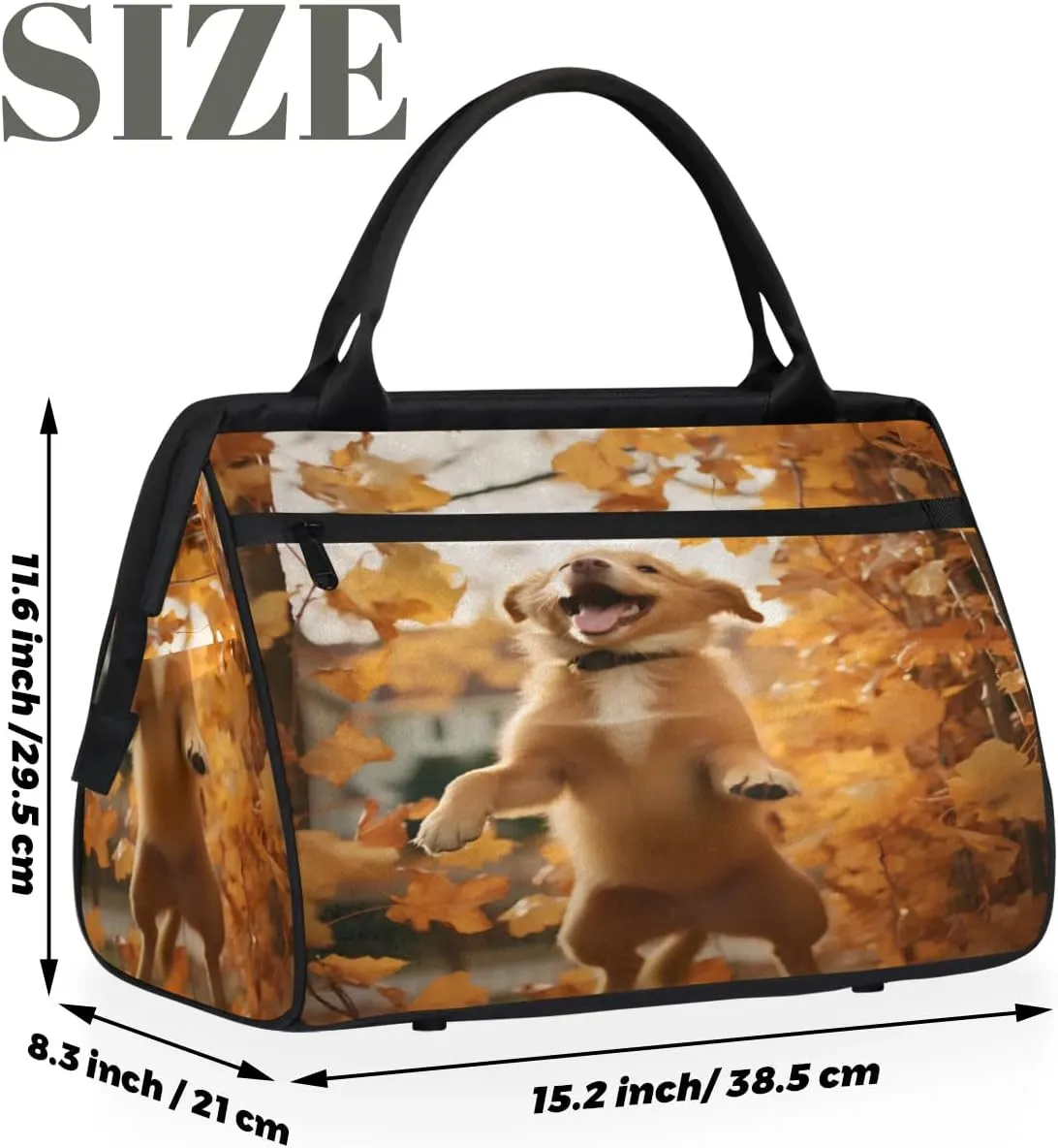 Travel Duffel Bag for Women, Cute Autumn Dog Weekender Overnight Bag Carry on Beach Swim Bags Dance Bag Airlines Approved Personal Item Travel Bag for Yoga, Sports, Hospital