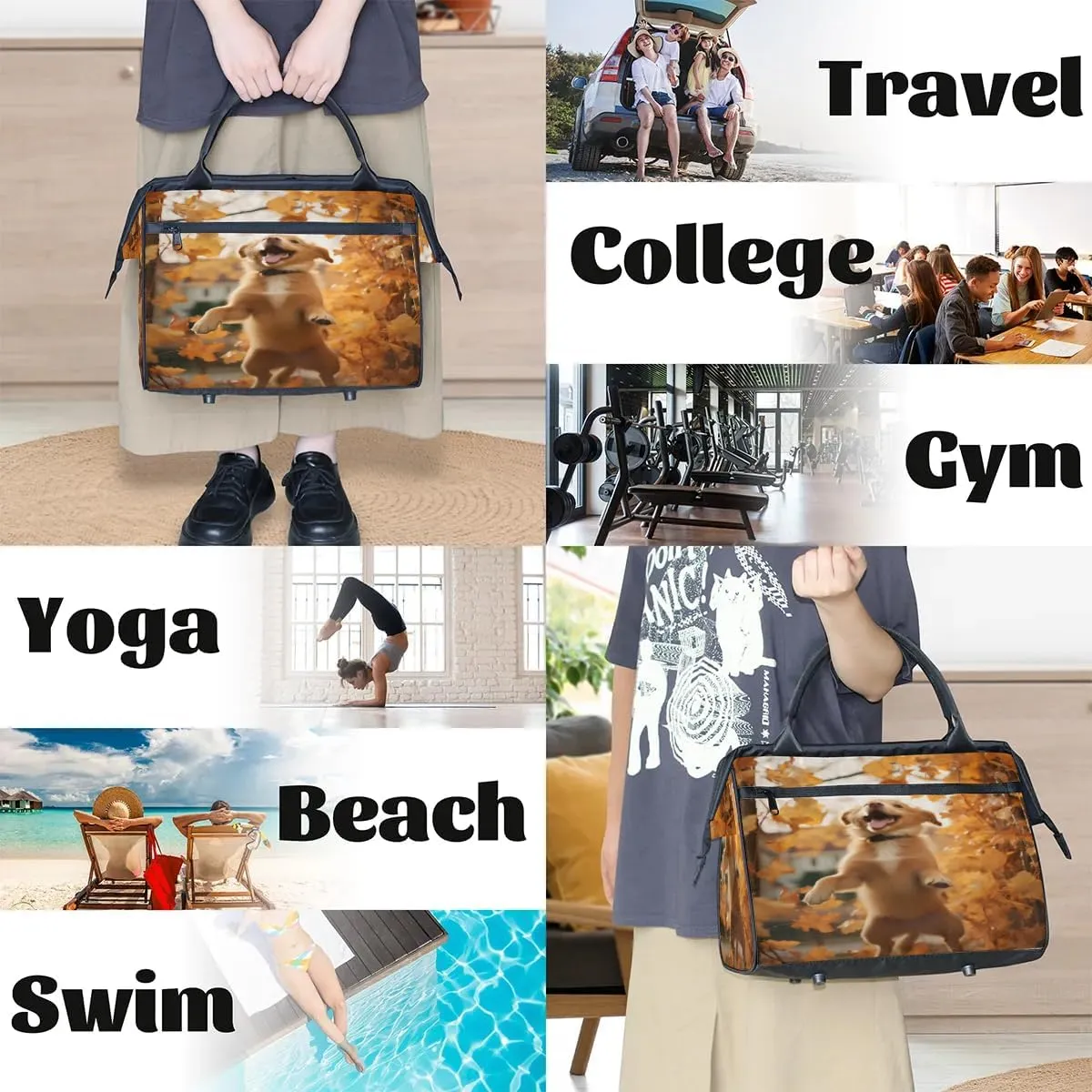 Travel Duffel Bag for Women, Cute Autumn Dog Weekender Overnight Bag Carry on Beach Swim Bags Dance Bag Airlines Approved Personal Item Travel Bag for Yoga, Sports, Hospital