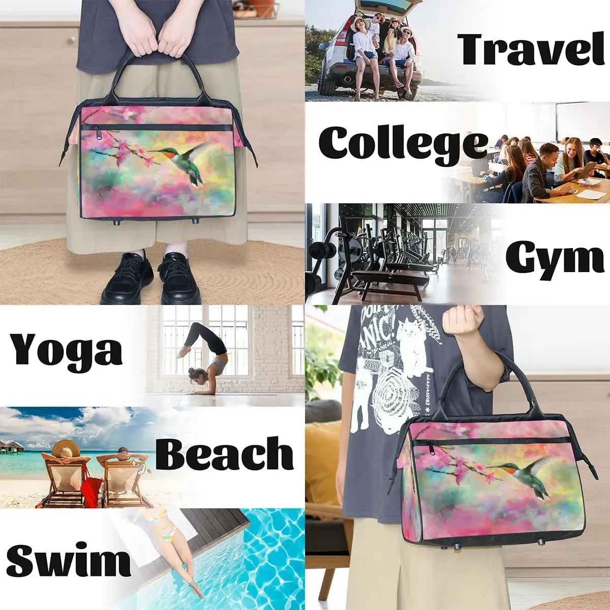 Travel Duffel Bag for Women, Flower Hummingbird Weekender Overnight Bag Carry on Beach Swim Bags Dance Bag Airlines Approved Personal Item Travel Bag for Yoga, Sports, Hospital