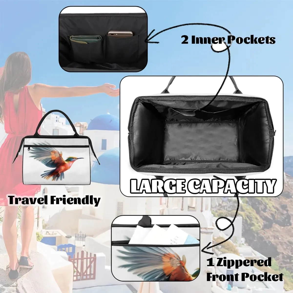 Travel Duffel Bag for Women, Hummingbird White Weekender Overnight Bag Carry on Beach Swim Bags Dance Bag Airlines Approved Personal Item Travel Bag for Yoga, Sports, Hospital