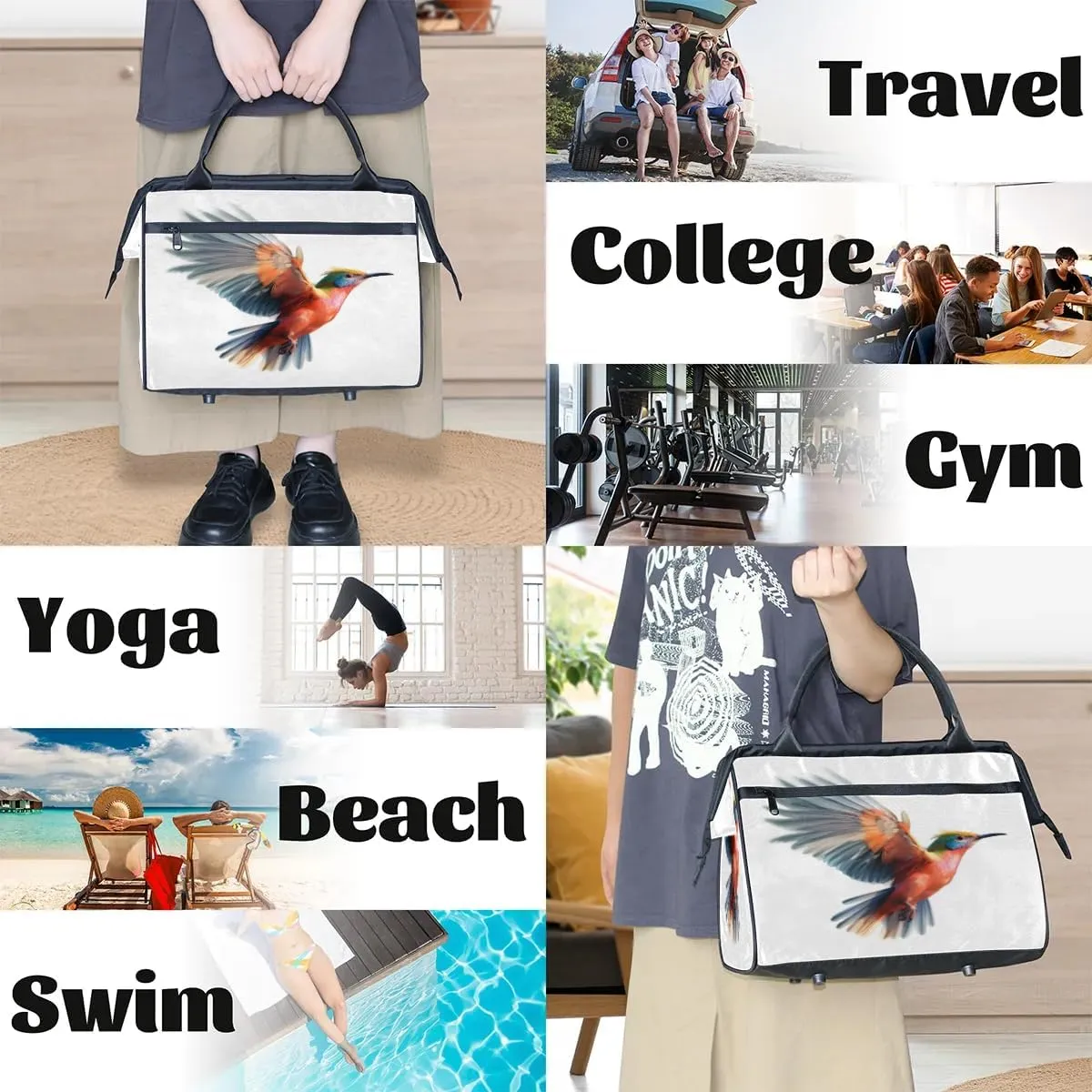 Travel Duffel Bag for Women, Hummingbird White Weekender Overnight Bag Carry on Beach Swim Bags Dance Bag Airlines Approved Personal Item Travel Bag for Yoga, Sports, Hospital