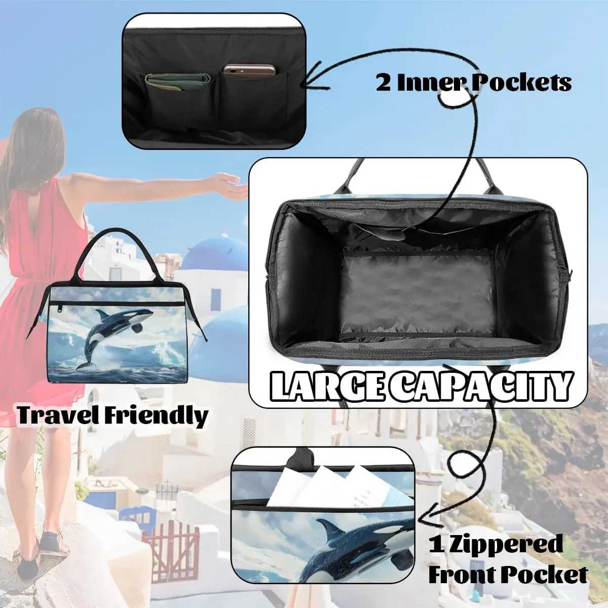 Travel Duffel Bag for Women, Leaping Whale Weekender Overnight Bag Carry on Beach Swim Bags Dance Bag Airlines Approved Personal Item Travel Bag for Yoga, Sports, Hospital