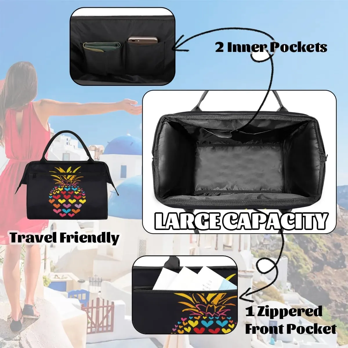 Travel Duffel Bag for Women, Pineapple Heart Weekender Overnight Bag Carry on Beach Swim Bags Dance Bag Airlines Approved Personal Item Travel Bag for Yoga, Sports, Hospital