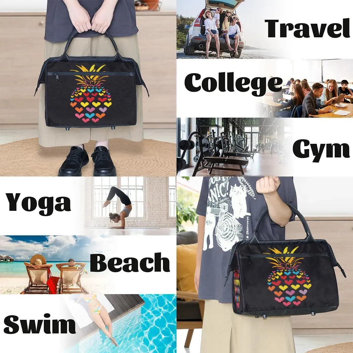 Travel Duffel Bag for Women, Pineapple Heart Weekender Overnight Bag Carry on Beach Swim Bags Dance Bag Airlines Approved Personal Item Travel Bag for Yoga, Sports, Hospital