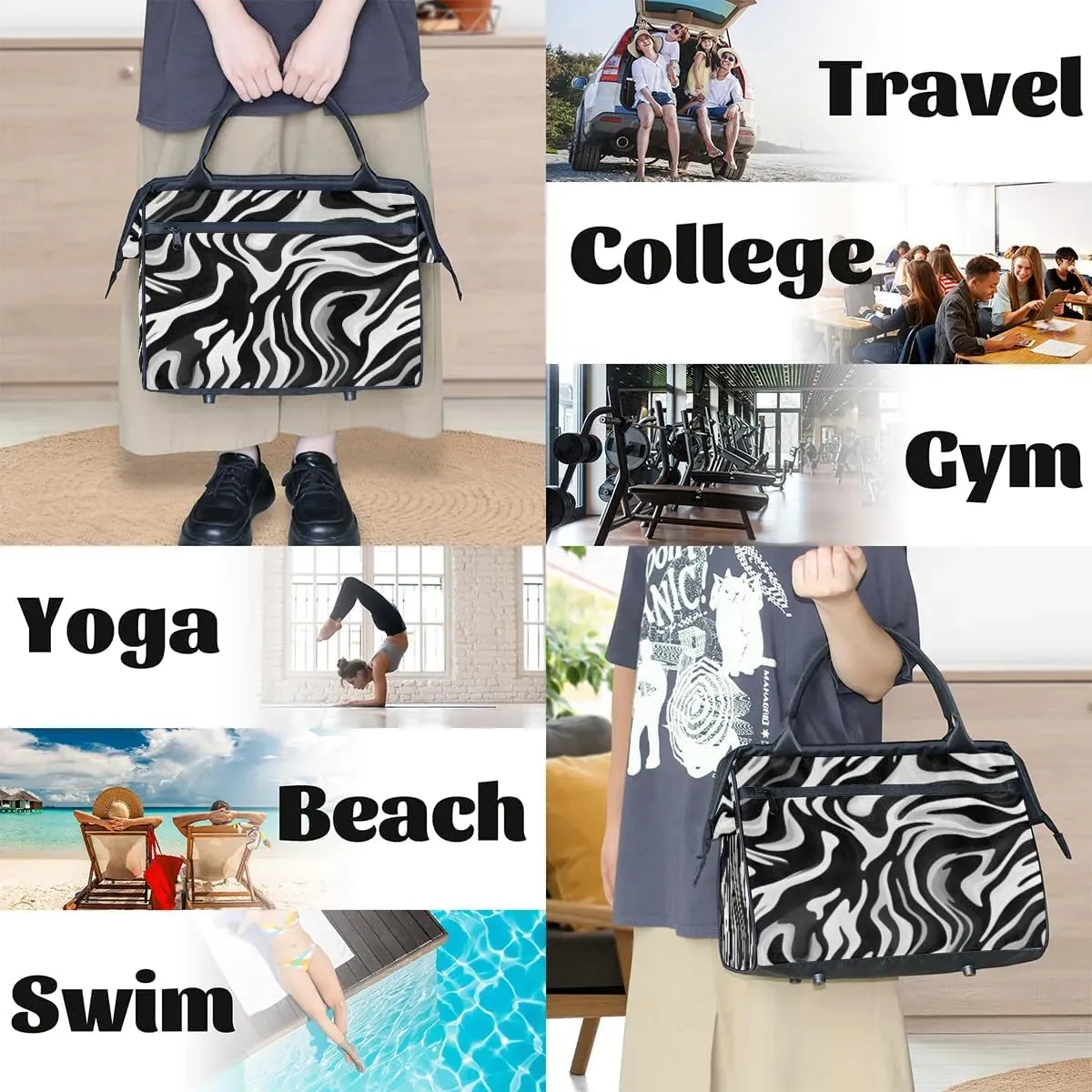 Travel Duffel Bag for Women, Zebra Skin Printing Weekender Overnight Bag Carry on Beach Swim Bags Dance Bag Airlines Approved Personal Item Travel Bag for Yoga, Sports, Hospital