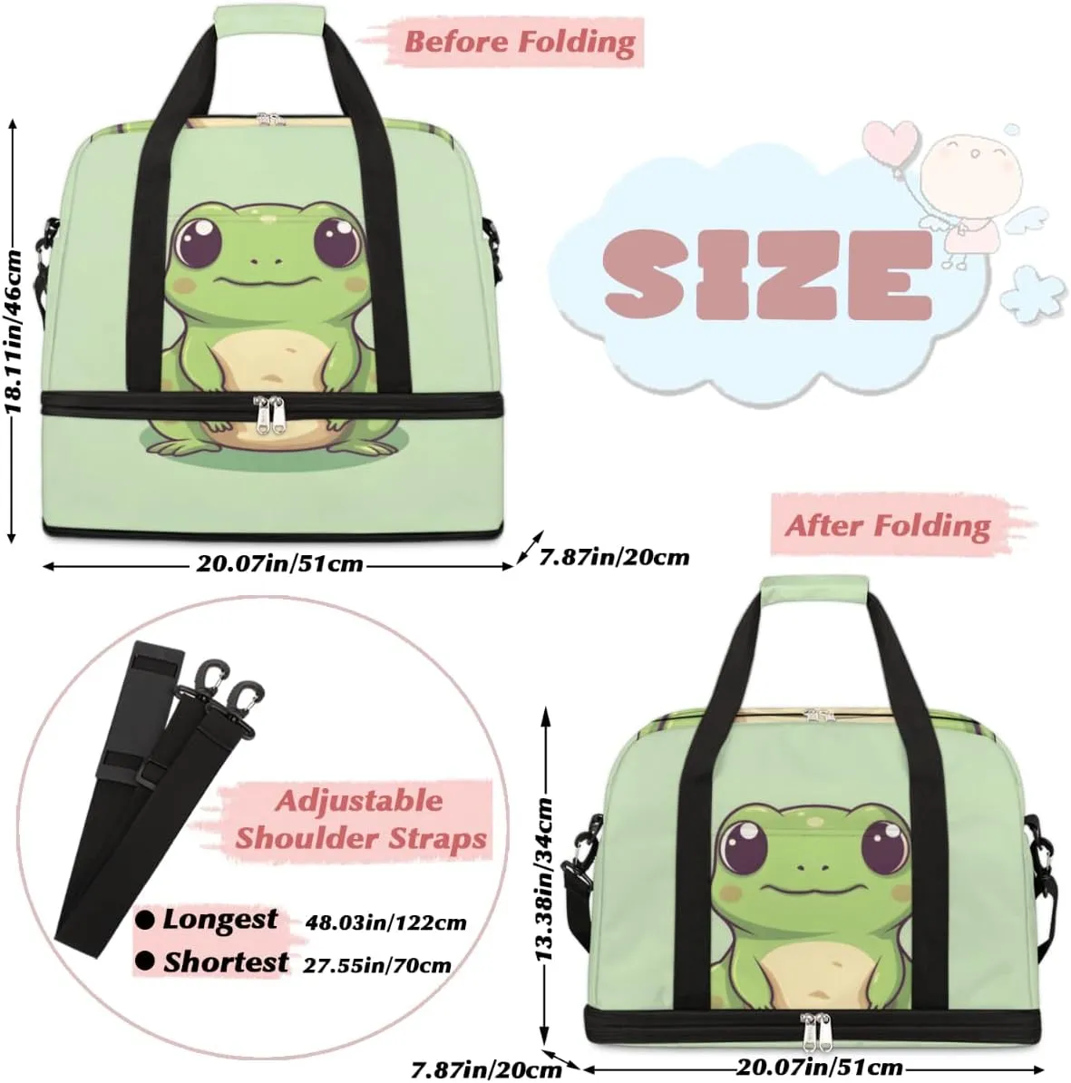 Travel Duffel Bags Cute Frog Foldable Weekender Bags for Women with Shoes Compartment Waterproof & Tear Resistant Carry on Overnight Luggage Duffel Bag Shoulder Sports Tote Bag