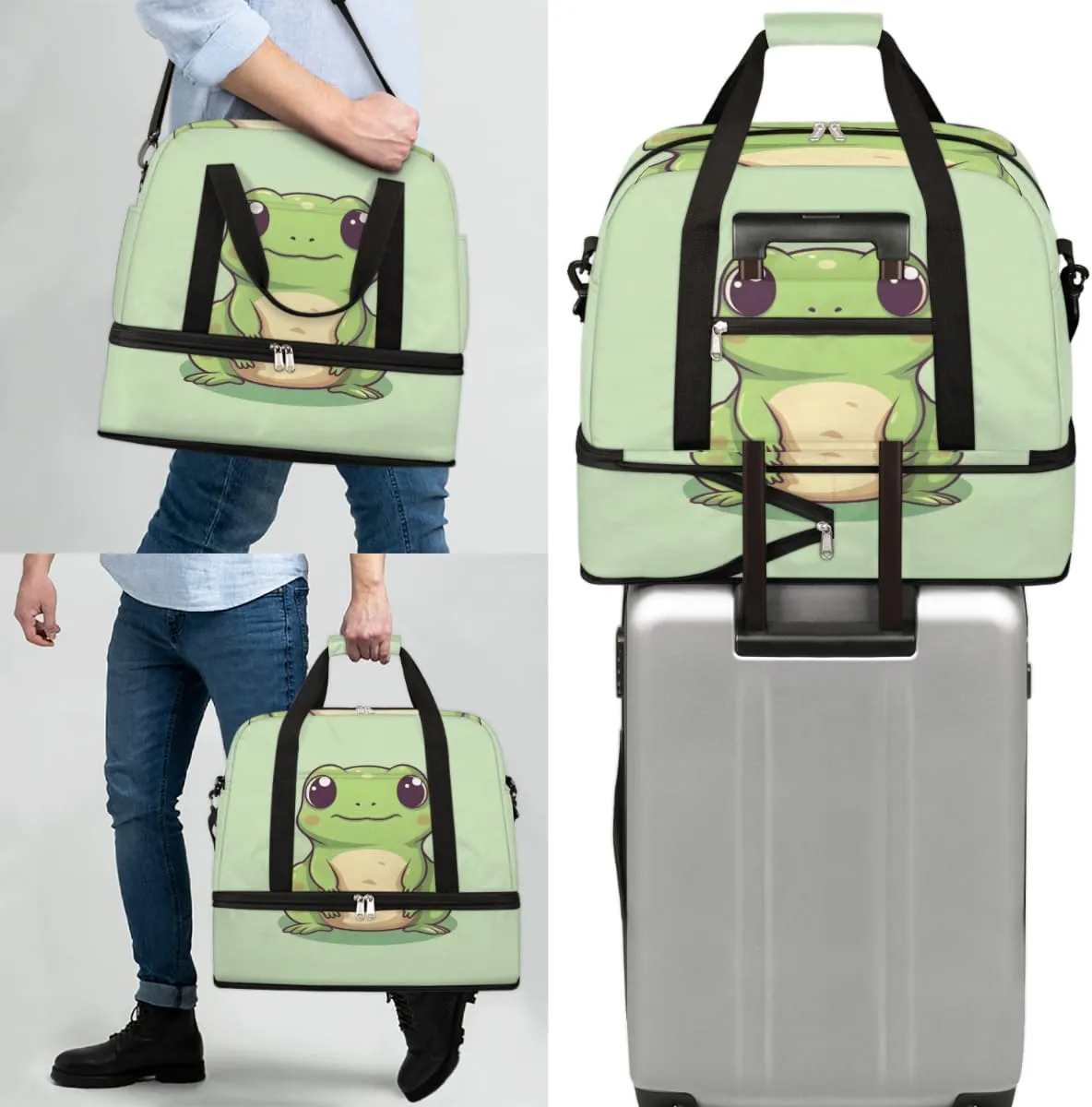 Travel Duffel Bags Cute Frog Foldable Weekender Bags for Women with Shoes Compartment Waterproof & Tear Resistant Carry on Overnight Luggage Duffel Bag Shoulder Sports Tote Bag