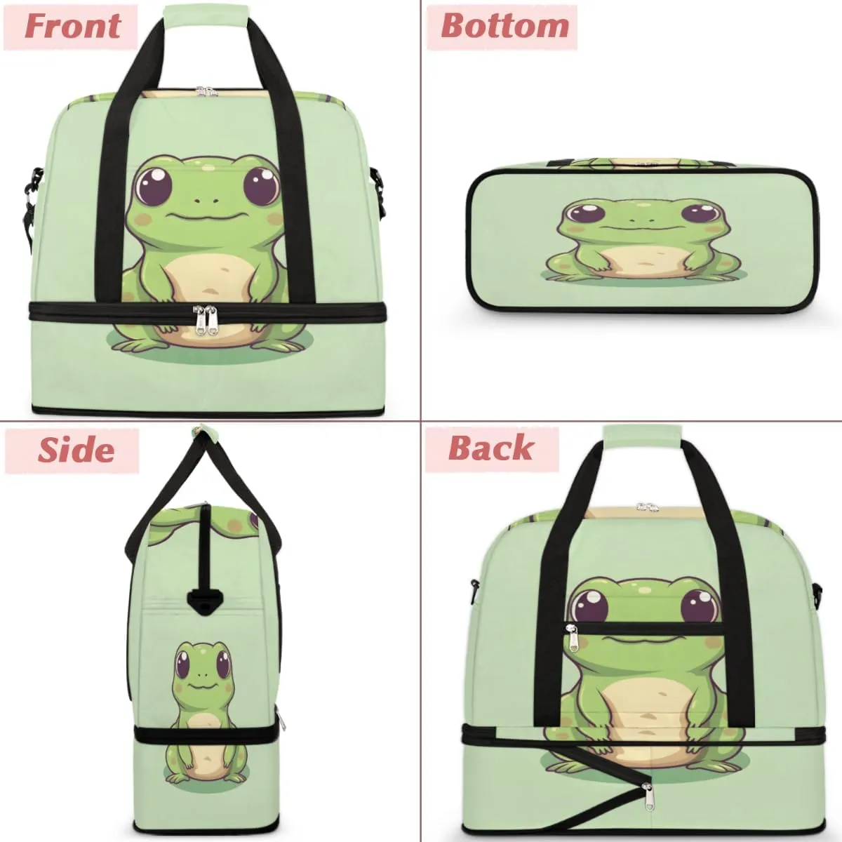 Travel Duffel Bags Cute Frog Foldable Weekender Bags for Women with Shoes Compartment Waterproof & Tear Resistant Carry on Overnight Luggage Duffel Bag Shoulder Sports Tote Bag
