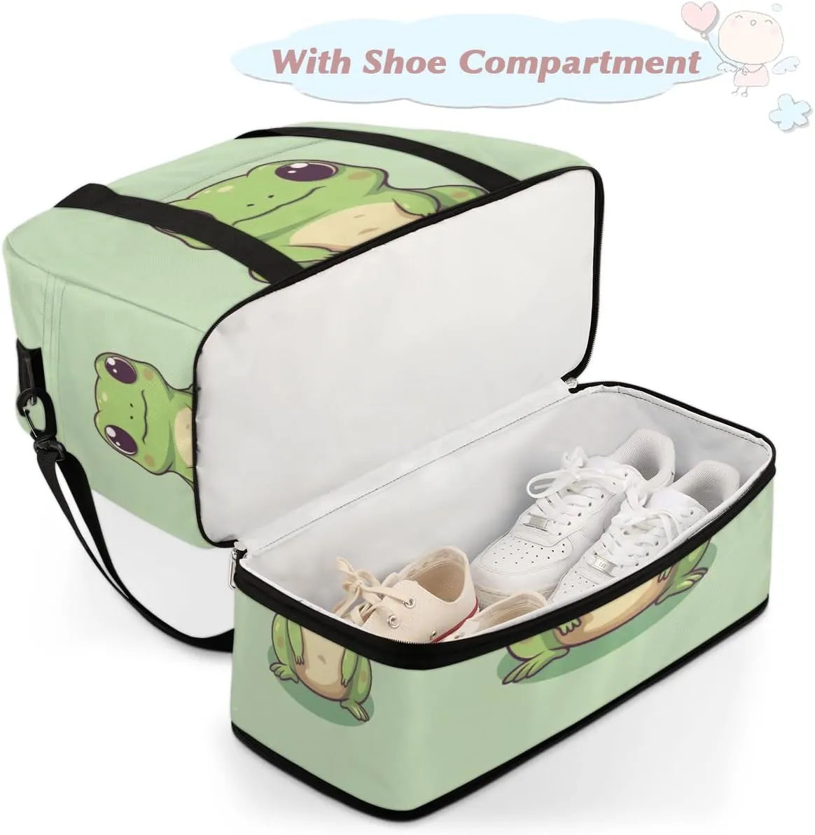 Travel Duffel Bags Cute Frog Foldable Weekender Bags for Women with Shoes Compartment Waterproof & Tear Resistant Carry on Overnight Luggage Duffel Bag Shoulder Sports Tote Bag
