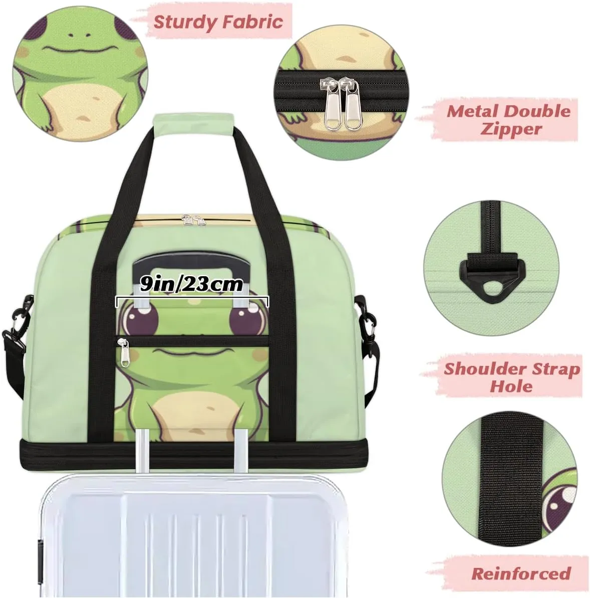 Travel Duffel Bags Cute Frog Foldable Weekender Bags for Women with Shoes Compartment Waterproof & Tear Resistant Carry on Overnight Luggage Duffel Bag Shoulder Sports Tote Bag