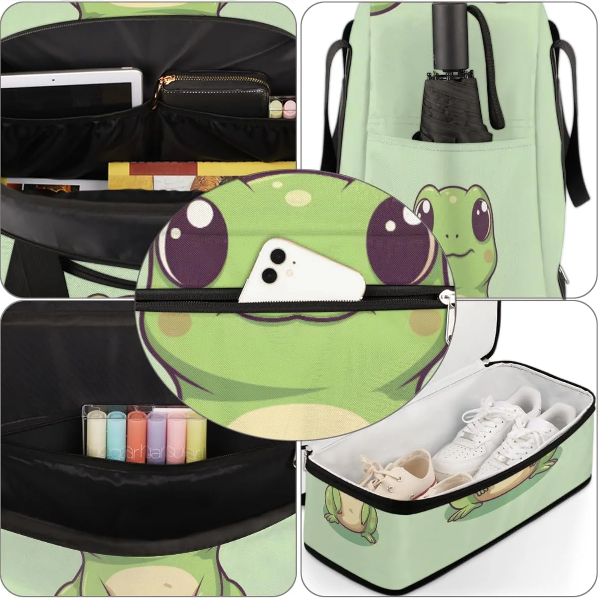 Travel Duffel Bags Cute Frog Foldable Weekender Bags for Women with Shoes Compartment Waterproof & Tear Resistant Carry on Overnight Luggage Duffel Bag Shoulder Sports Tote Bag