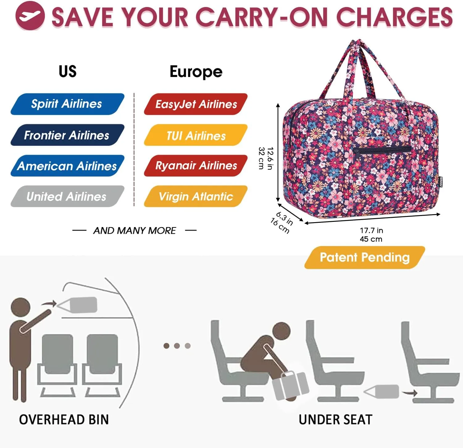 Travel Duffel Bags for Women & Girls - 25L Waterproof Gym Bag, Laptop Carry-On Luggage, Weekend Travel Organizer
