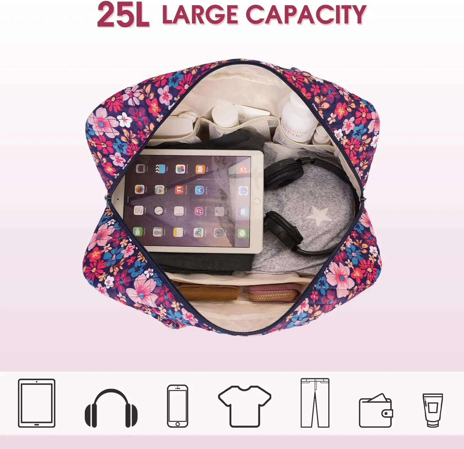 Travel Duffel Bags for Women & Girls - 25L Waterproof Gym Bag, Laptop Carry-On Luggage, Weekend Travel Organizer