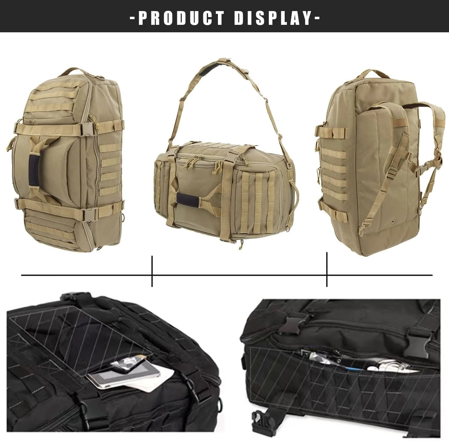 Travel Duffle Bag Backpack for Men - Large Tactical Bags Weekender Gym Bag for Overnight Traveling Military Workout Deployment Sports (Coyote, 25L)