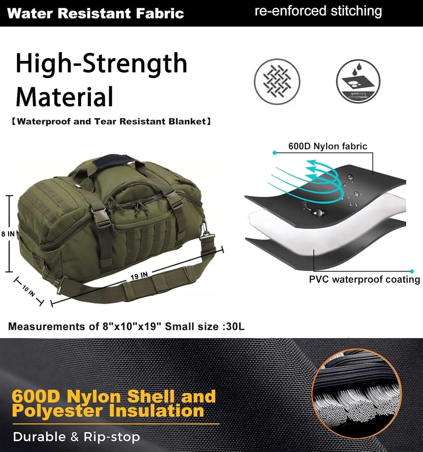 Travel Duffle Bag Backpack for Men - Large Tactical Bags Weekender Gym Bag for Overnight Traveling Military Workout Deployment Sports (Green, 25L)