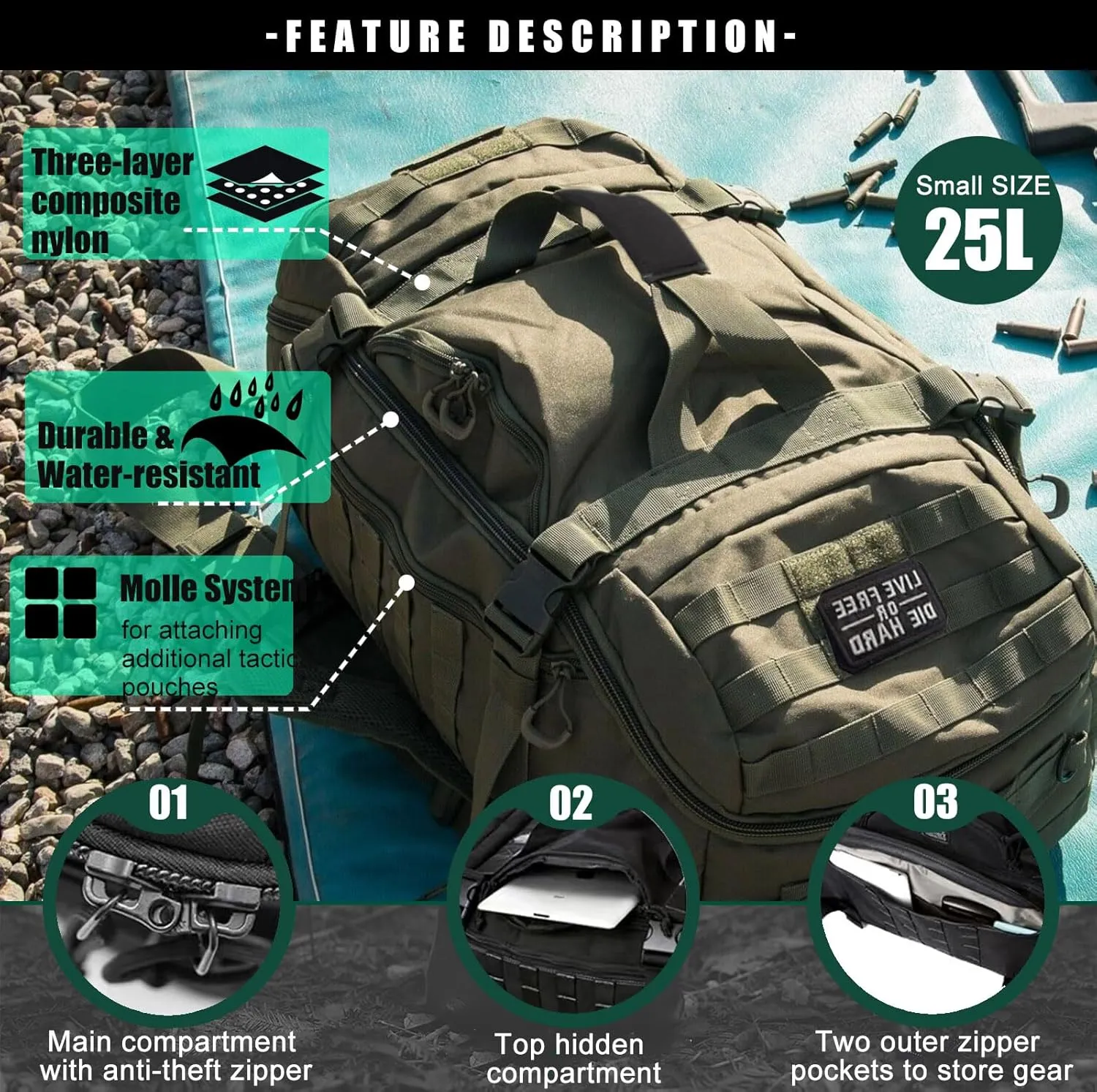 Travel Duffle Bag Backpack for Men - Large Tactical Bags Weekender Gym Bag for Overnight Traveling Military Workout Deployment Sports (Green, 25L)