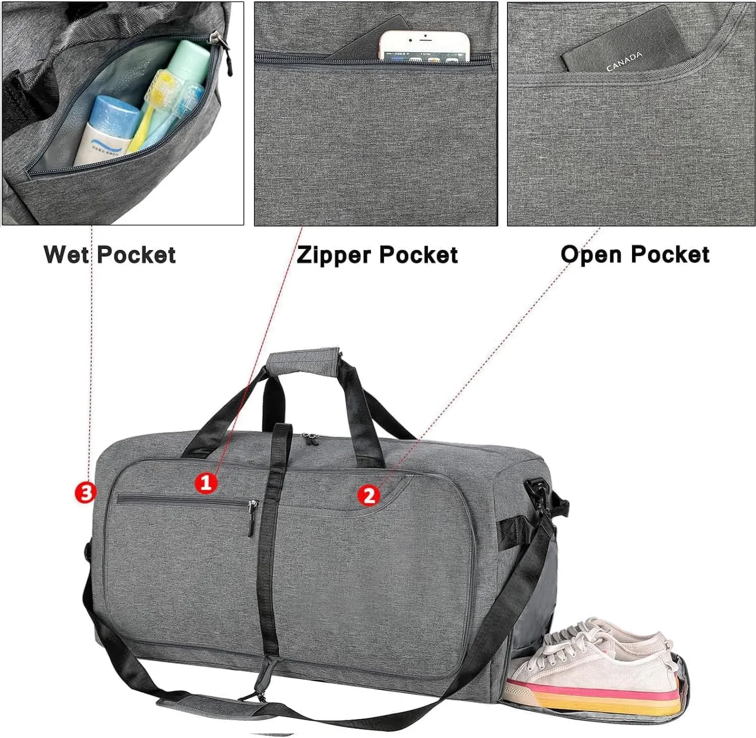Travel Duffle Bag for Men, Extra Large Foldable Duffel Bags for Traveling with Shoes & Wet Compartment Waterproof Weekender Gym Bag for Men Women(115LDarkgrey)