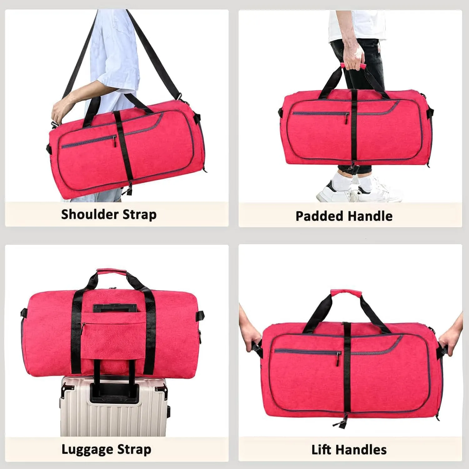 Travel Duffle Bag for Men, Large Foldable Duffel Bags for Traveling with Shoes & Wet Compartment Waterproof Weekender Gym Bag for Men Women(65LRose)