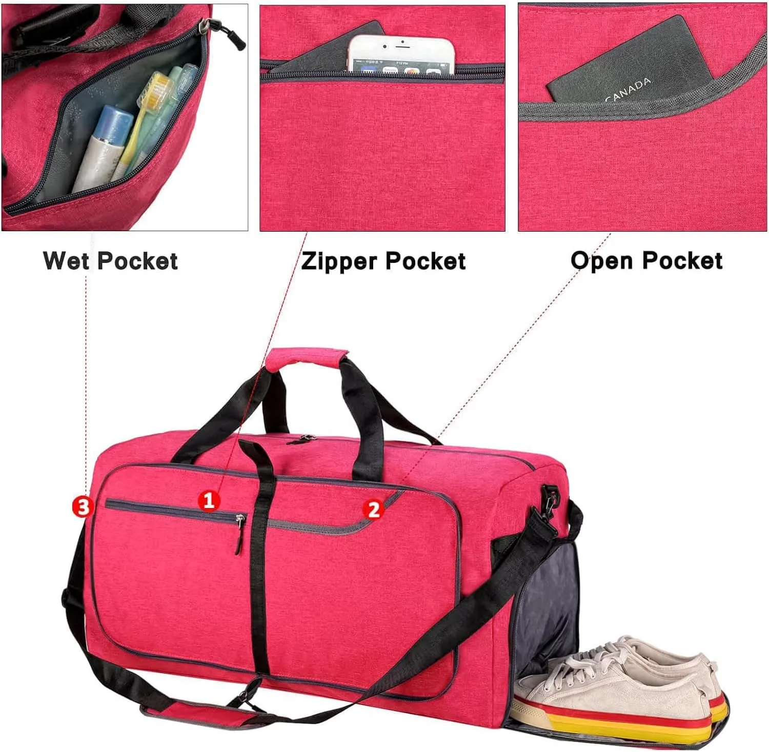 Travel Duffle Bag for Men, Large Foldable Duffel Bags for Traveling with Shoes & Wet Compartment Waterproof Weekender Gym Bag for Men Women(65LRose)