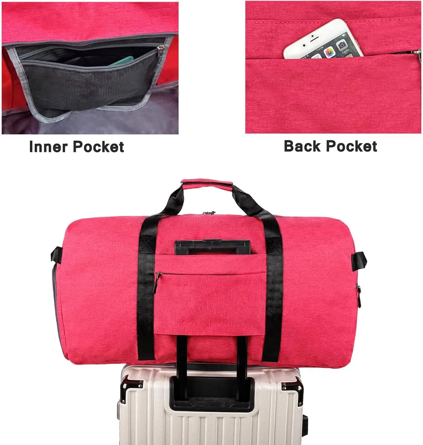 Travel Duffle Bag for Men, Large Foldable Duffel Bags for Traveling with Shoes & Wet Compartment Waterproof Weekender Gym Bag for Men Women(65LRose)