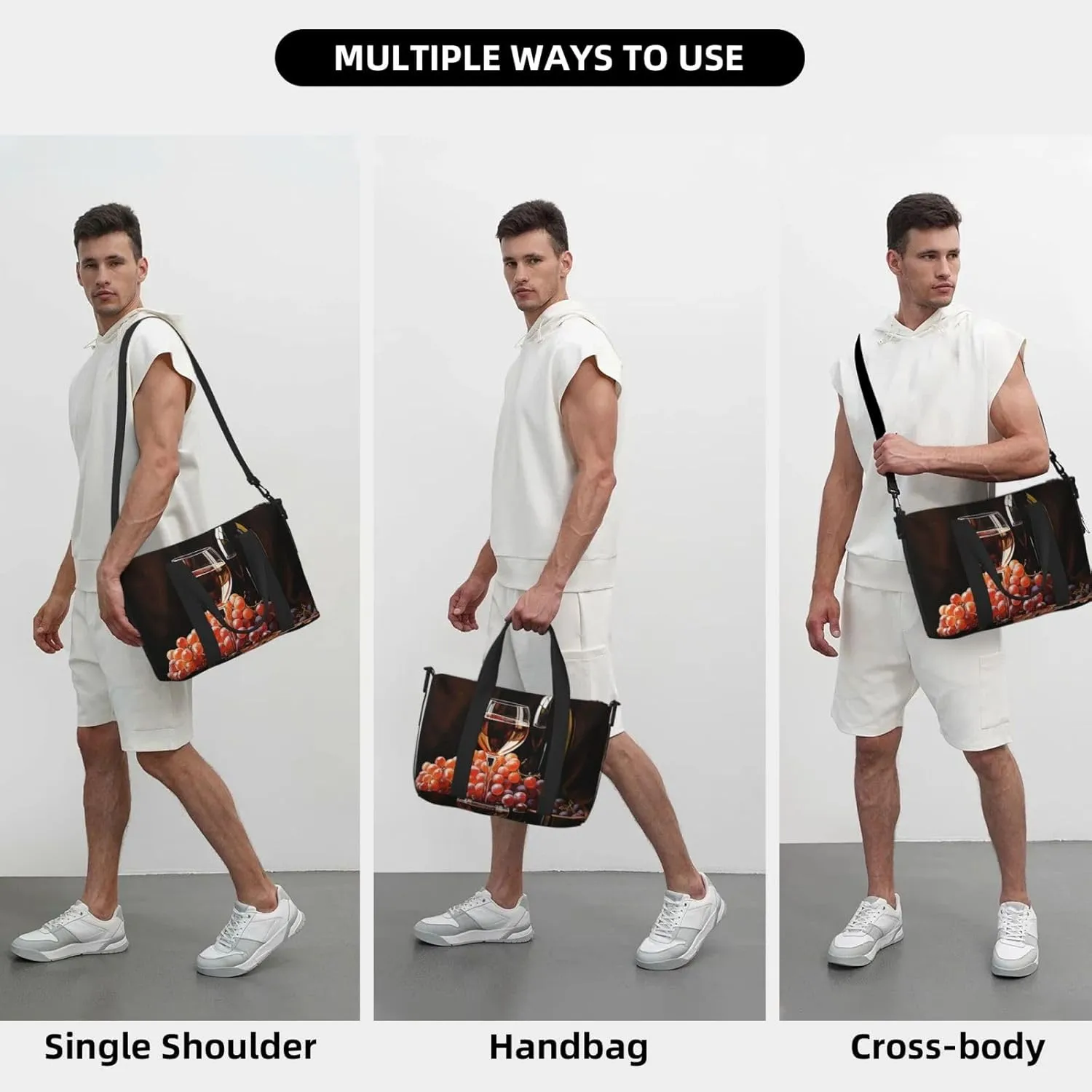 Travel Duffle Bag Weekender Bags for Men Women Adjustable Large Capacity Weekender Overnight Bag Carry On Tote Bags Waterproof Sport Gym Bag for Travel Yoga, Red Wine Bottle Glass Grape Wooden Keg,