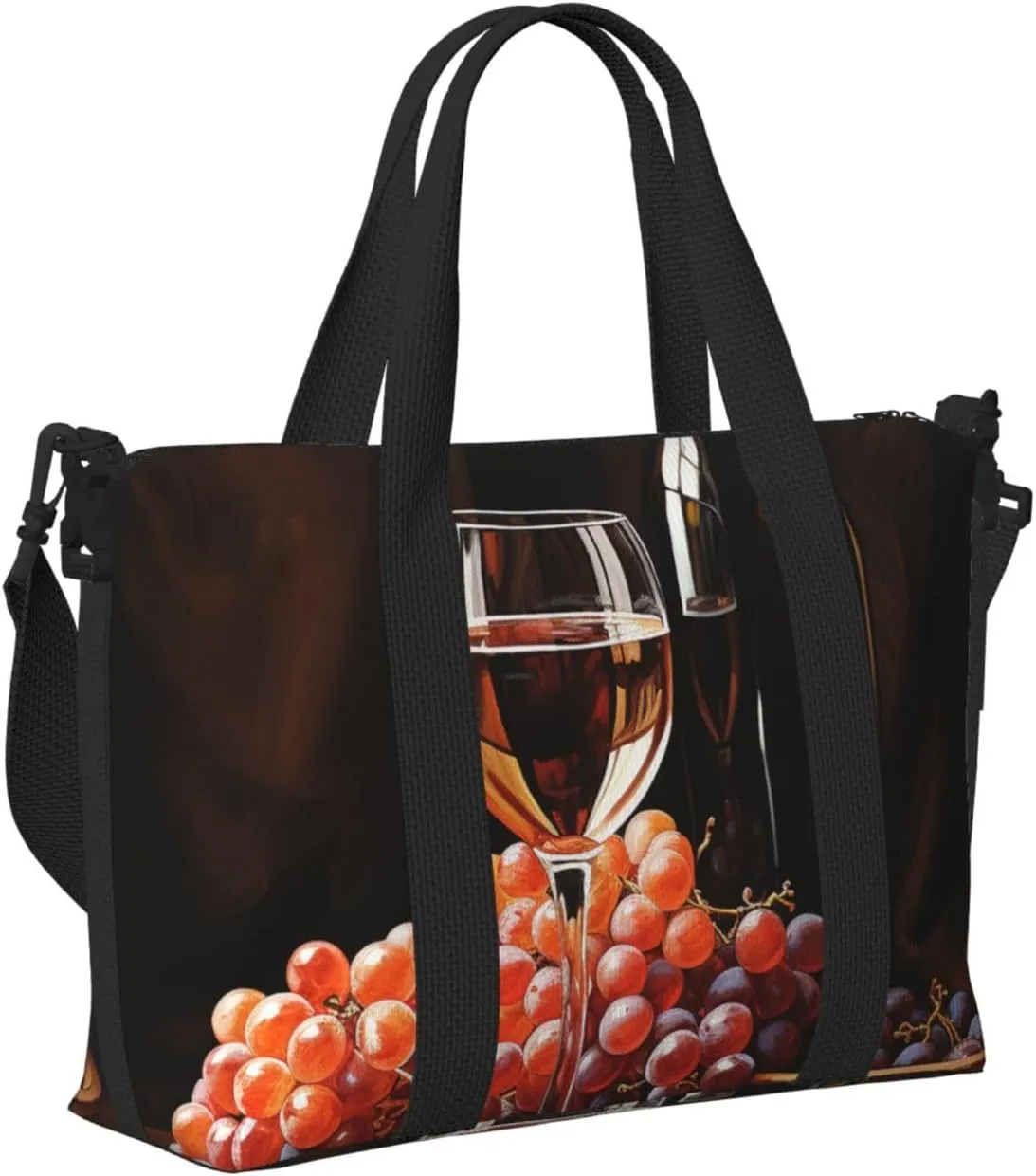 Travel Duffle Bag Weekender Bags for Men Women Adjustable Large Capacity Weekender Overnight Bag Carry On Tote Bags Waterproof Sport Gym Bag for Travel Yoga, Red Wine Bottle Glass Grape Wooden Keg,