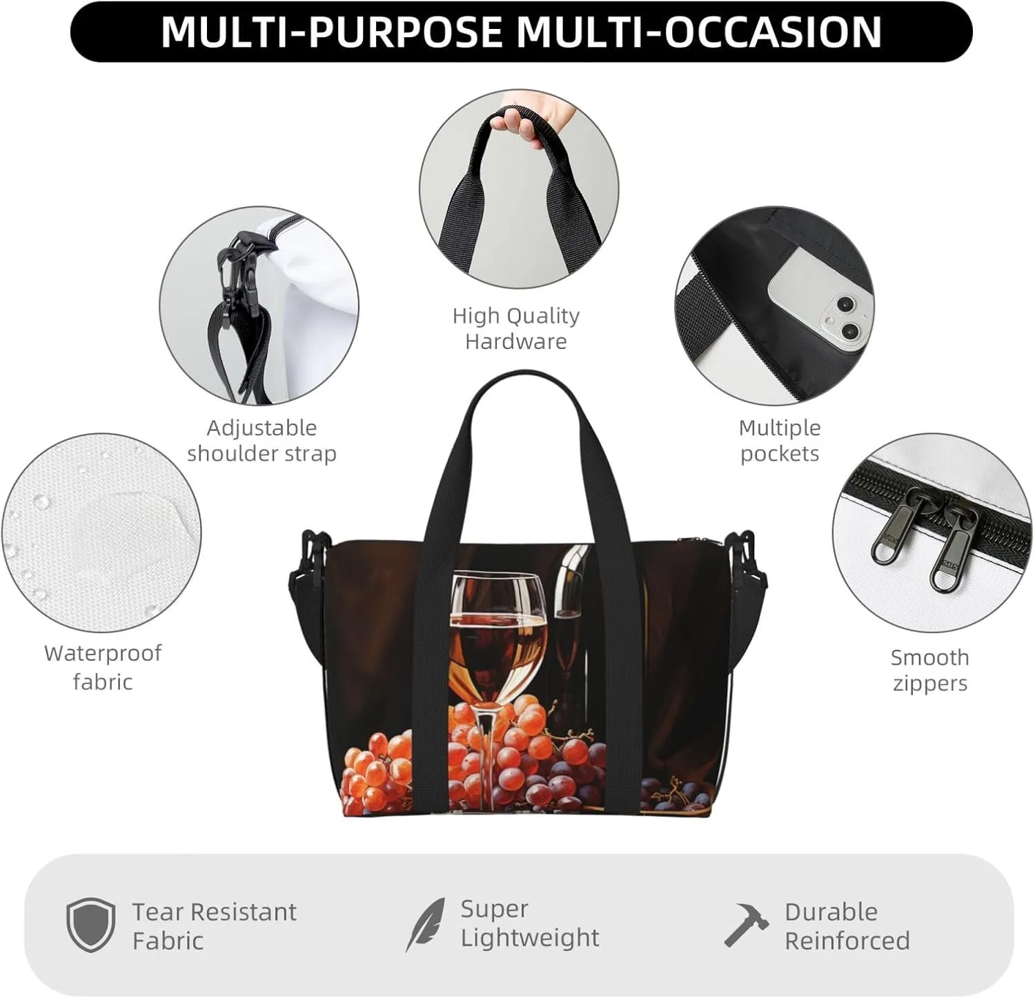 Travel Duffle Bag Weekender Bags for Men Women Adjustable Large Capacity Weekender Overnight Bag Carry On Tote Bags Waterproof Sport Gym Bag for Travel Yoga, Red Wine Bottle Glass Grape Wooden Keg,