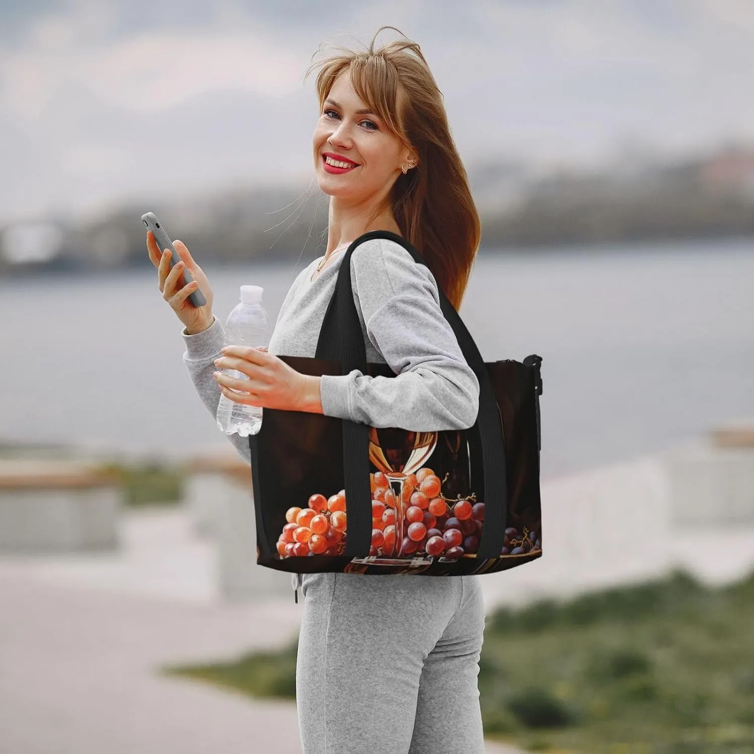 Travel Duffle Bag Weekender Bags for Men Women Adjustable Large Capacity Weekender Overnight Bag Carry On Tote Bags Waterproof Sport Gym Bag for Travel Yoga, Red Wine Bottle Glass Grape Wooden Keg,