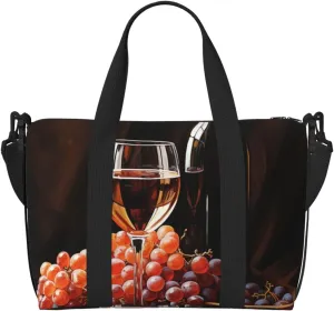 Travel Duffle Bag Weekender Bags for Men Women Adjustable Large Capacity Weekender Overnight Bag Carry On Tote Bags Waterproof Sport Gym Bag for Travel Yoga, Red Wine Bottle Glass Grape Wooden Keg,