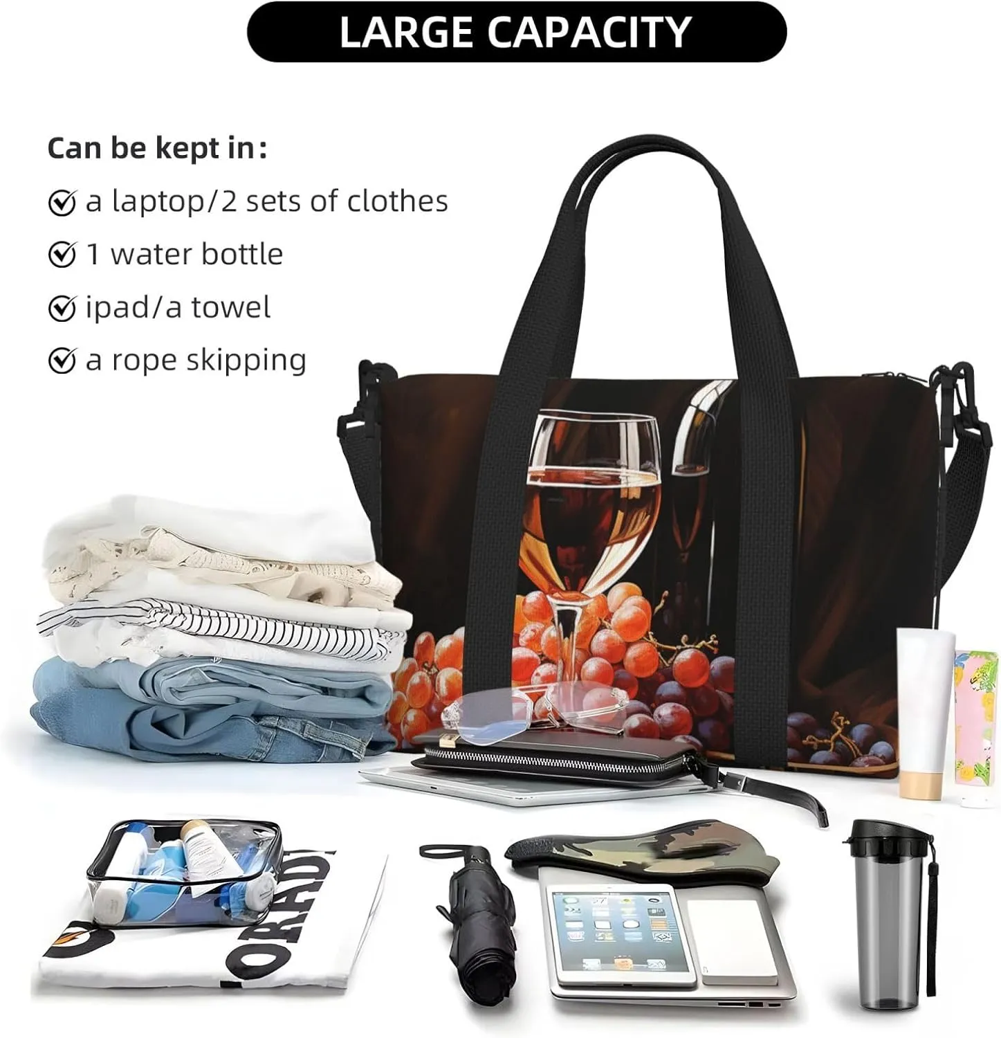 Travel Duffle Bag Weekender Bags for Men Women Adjustable Large Capacity Weekender Overnight Bag Carry On Tote Bags Waterproof Sport Gym Bag for Travel Yoga, Red Wine Bottle Glass Grape Wooden Keg,