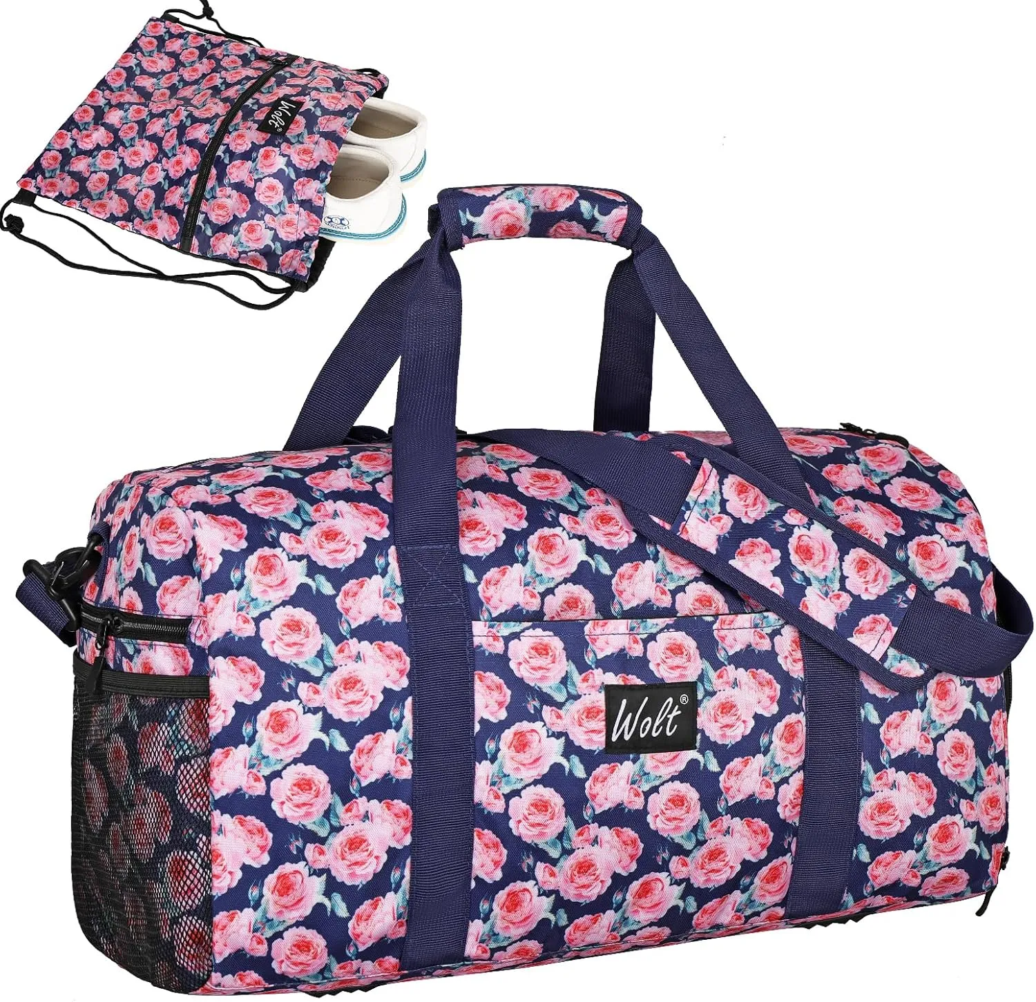 Travel Duffle Bag - Weekender Overnight Bags for Women, 40L Carry On Bag with Wet Pocket & Shoes Compartment, including Drawstring Backpack (Rose)