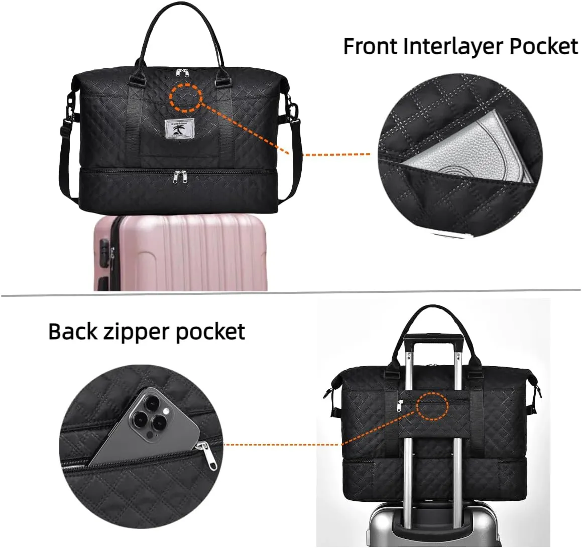 Travel Duffle Bag with Shoe Compartment, Large Weekender Tote for Women,Carry on Overnight Bag,Gym Duffel Bag with Wet Pocket, Hospital Bags for Labor and Delivery, black