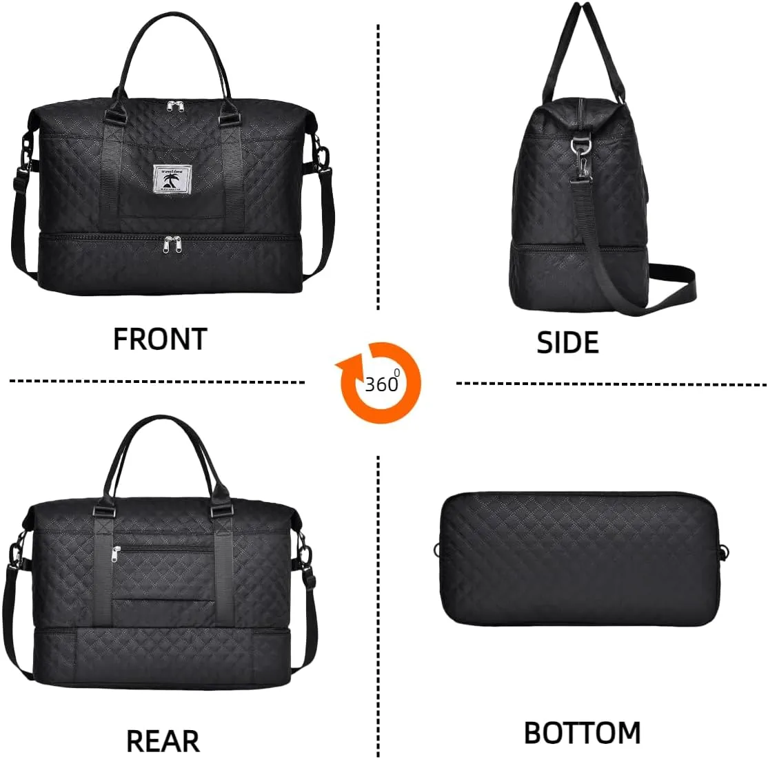 Travel Duffle Bag with Shoe Compartment, Large Weekender Tote for Women,Carry on Overnight Bag,Gym Duffel Bag with Wet Pocket, Hospital Bags for Labor and Delivery, black