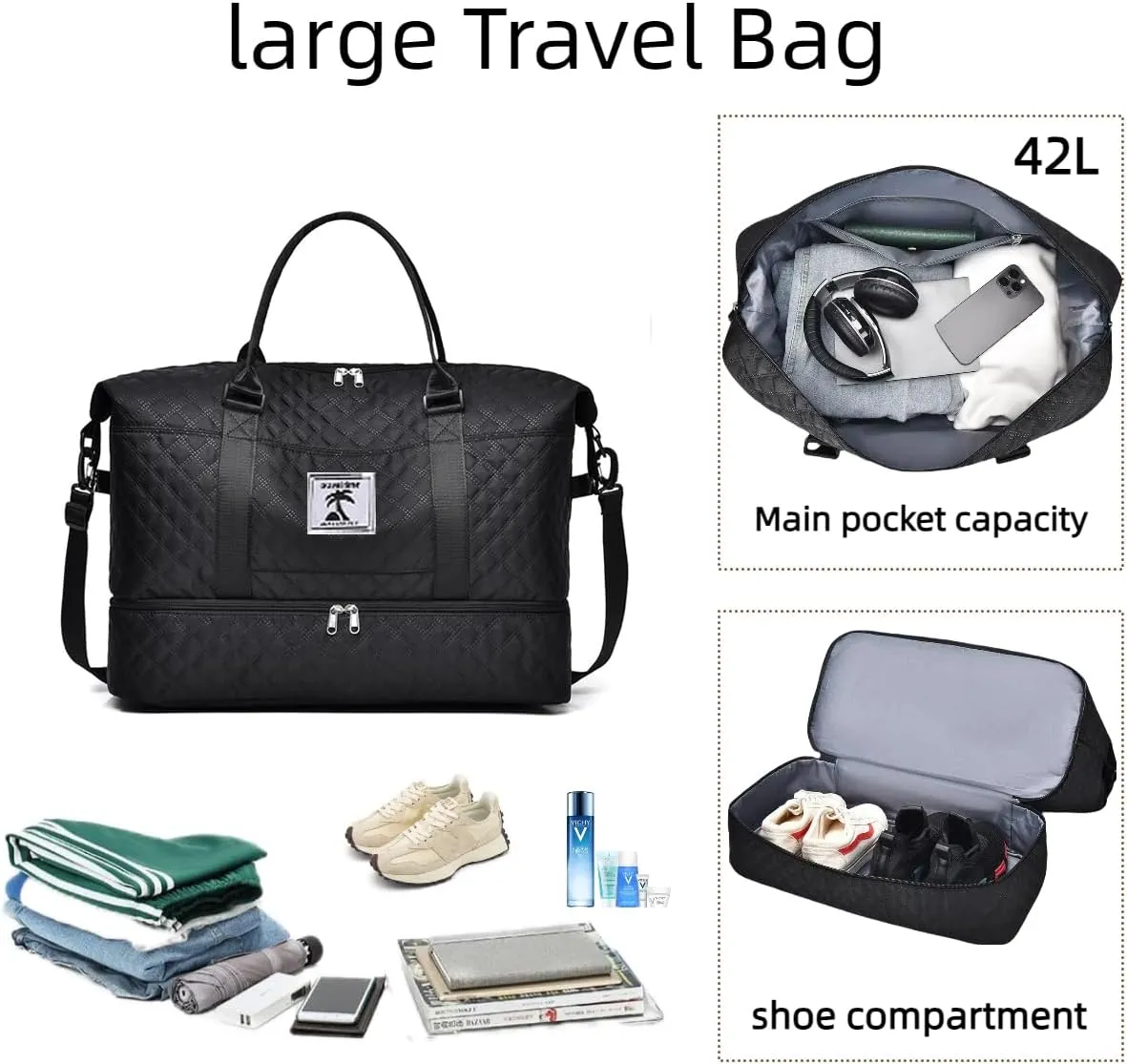 Travel Duffle Bag with Shoe Compartment, Large Weekender Tote for Women,Carry on Overnight Bag,Gym Duffel Bag with Wet Pocket, Hospital Bags for Labor and Delivery, black