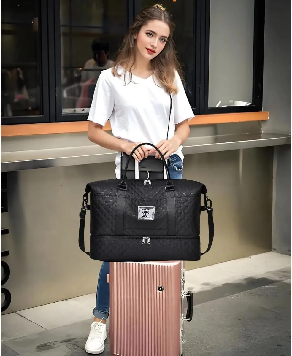 Travel Duffle Bag with Shoe Compartment, Large Weekender Tote for Women,Carry on Overnight Bag,Gym Duffel Bag with Wet Pocket, Hospital Bags for Labor and Delivery, black