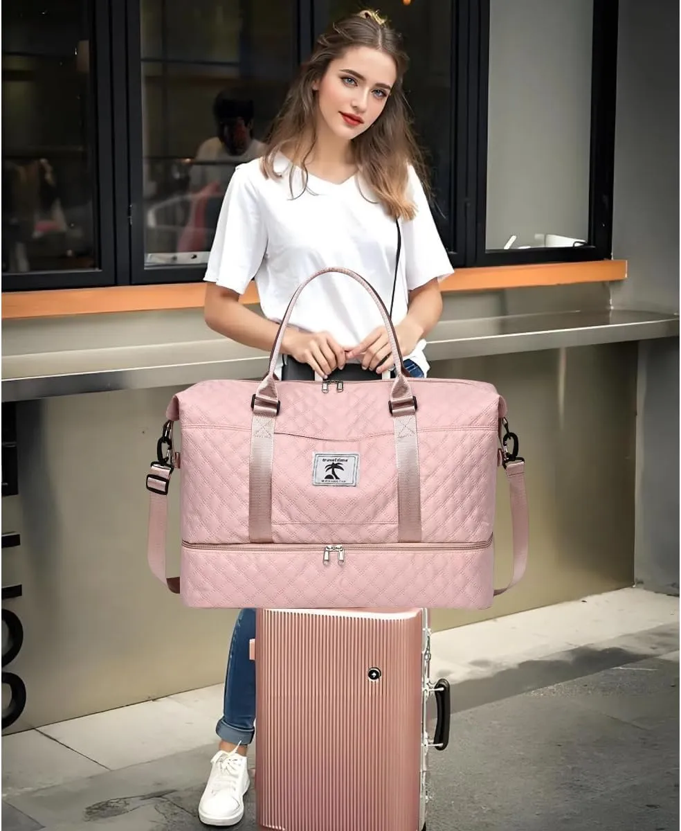Travel Duffle Bag with Shoe Compartment, Large Weekender Tote for Women,Carry on Overnight Bag,Gym Duffel Bag with Wet Pocket, Hospital Bags for Labor and Delivery ，Pink