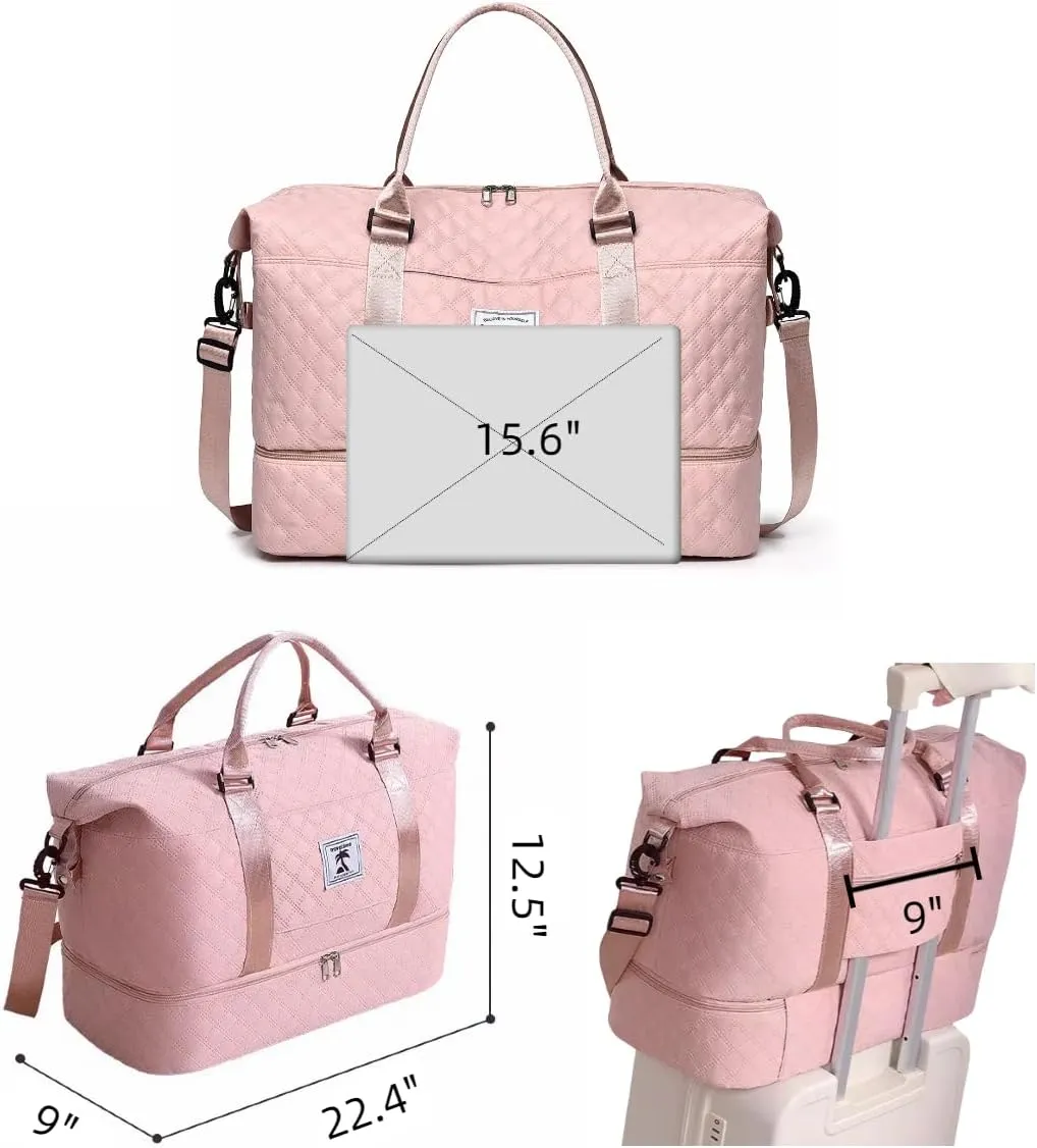 Travel Duffle Bag with Shoe Compartment, Large Weekender Tote for Women,Carry on Overnight Bag,Gym Duffel Bag with Wet Pocket, Hospital Bags for Labor and Delivery ，Pink