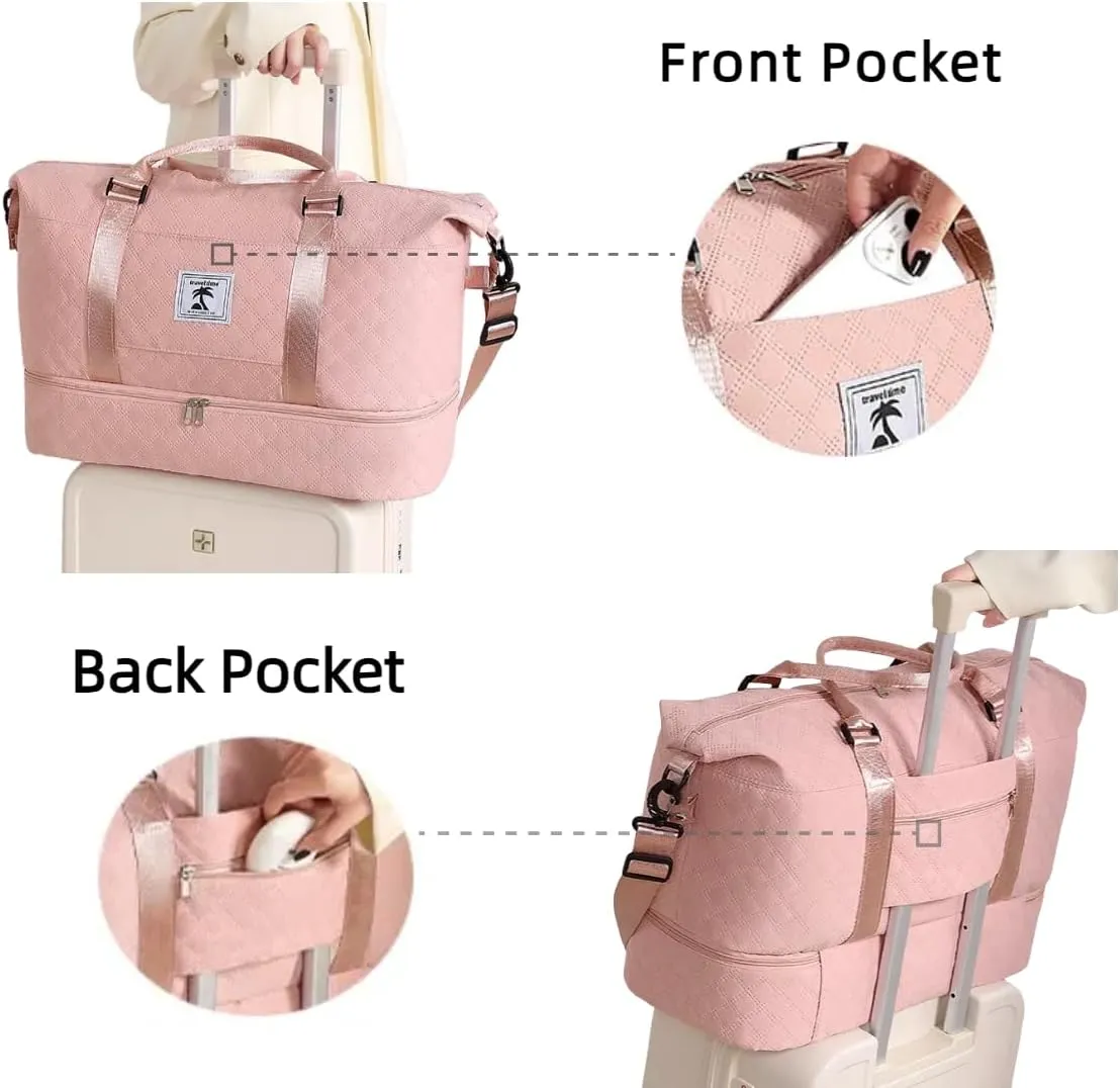 Travel Duffle Bag with Shoe Compartment, Large Weekender Tote for Women,Carry on Overnight Bag,Gym Duffel Bag with Wet Pocket, Hospital Bags for Labor and Delivery ，Pink