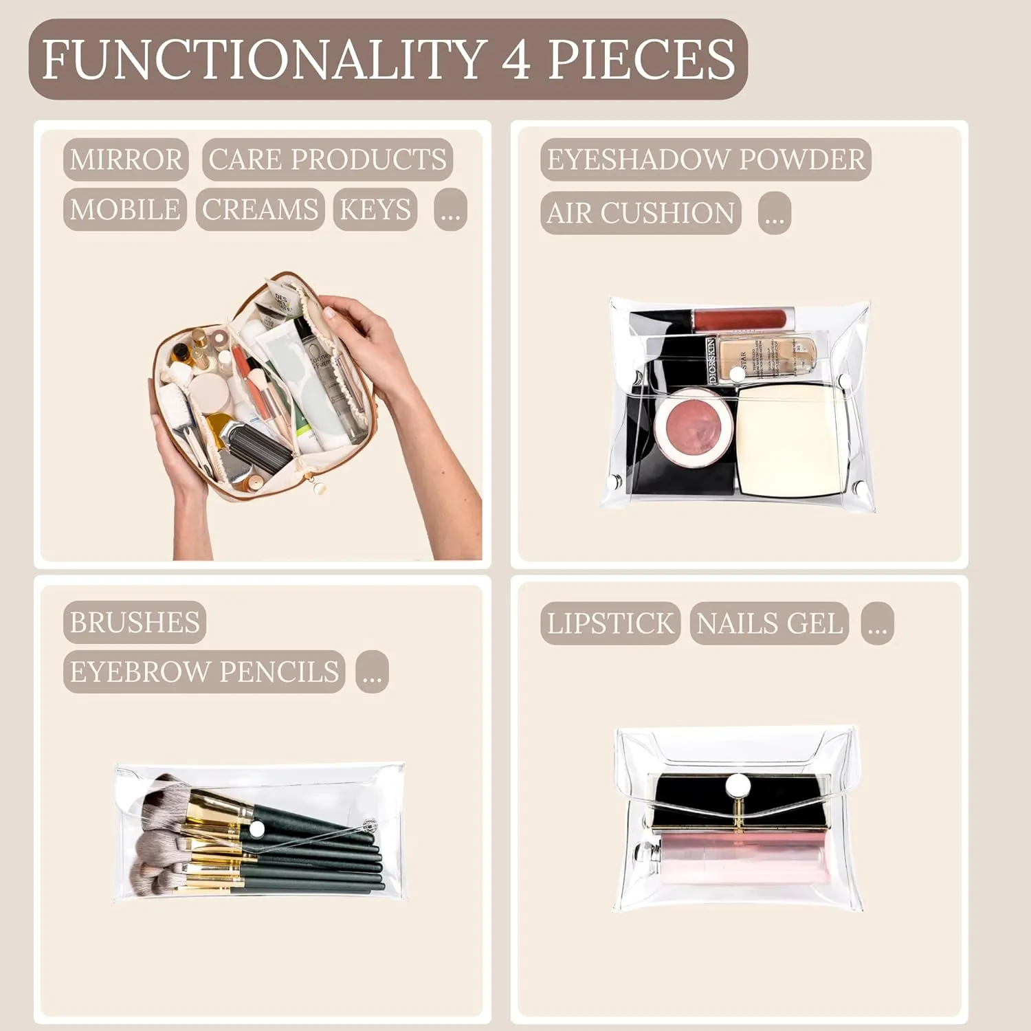 Travel Makeup Bag Waterproof Open Flat with Compartments, Large & Small Makeup Bag Organizer, PU Leather Toiletry Bag for Women, Cosmetic Bag, Make up Case Pouch, Make up Bags (4 Pcs Set)