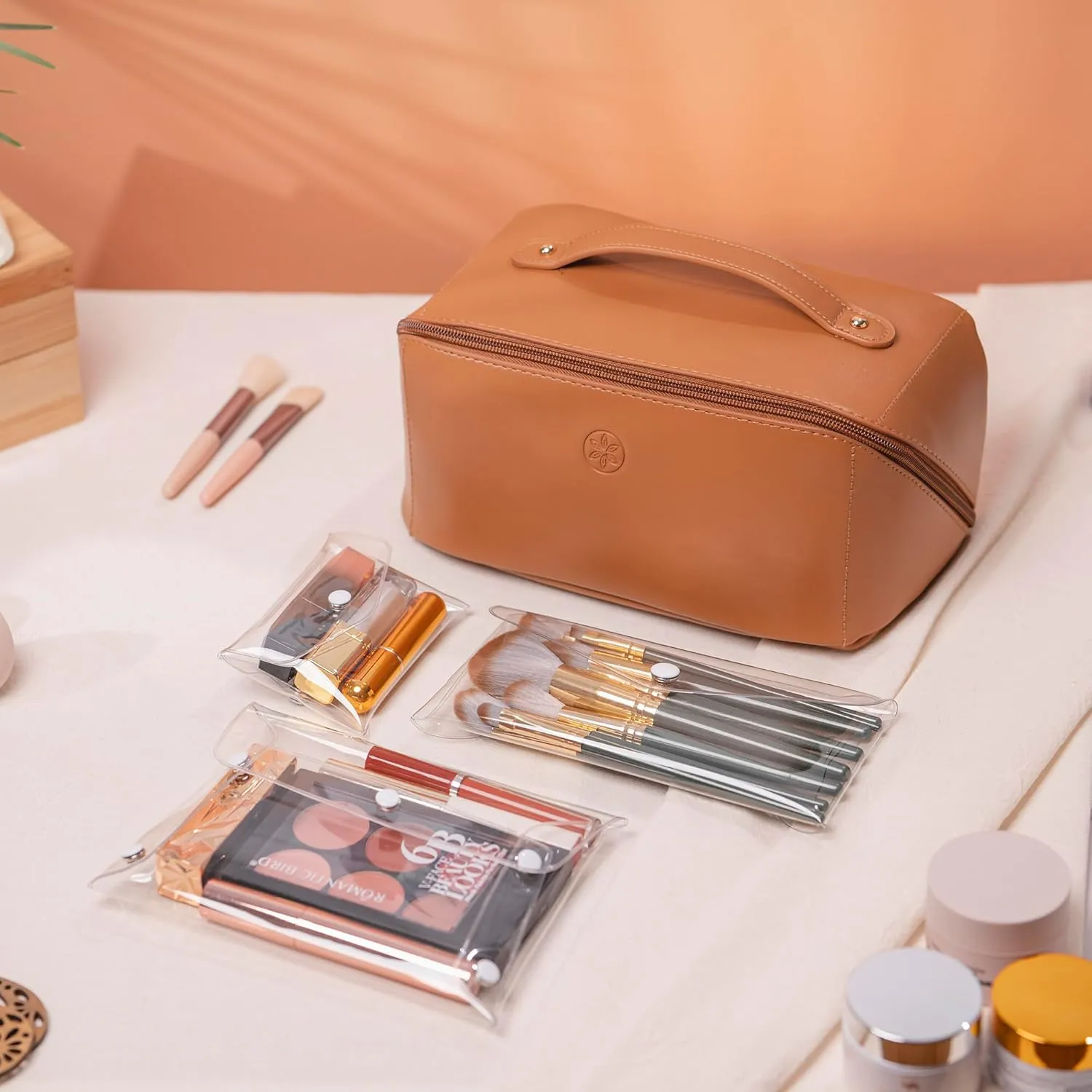 Travel Makeup Bag Waterproof Open Flat with Compartments, Large & Small Makeup Bag Organizer, PU Leather Toiletry Bag for Women, Cosmetic Bag, Make up Case Pouch, Make up Bags (4 Pcs Set)
