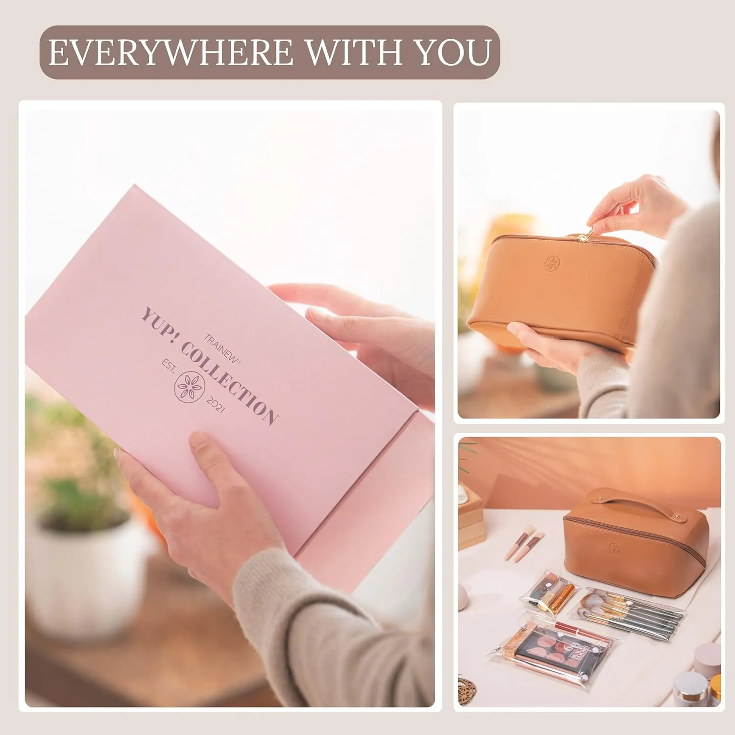Travel Makeup Bag Waterproof Open Flat with Compartments, Large & Small Makeup Bag Organizer, PU Leather Toiletry Bag for Women, Cosmetic Bag, Make up Case Pouch, Make up Bags (4 Pcs Set)