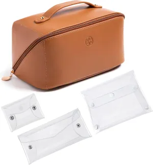 Travel Makeup Bag Waterproof Open Flat with Compartments, Large & Small Makeup Bag Organizer, PU Leather Toiletry Bag for Women, Cosmetic Bag, Make up Case Pouch, Make up Bags (4 Pcs Set)
